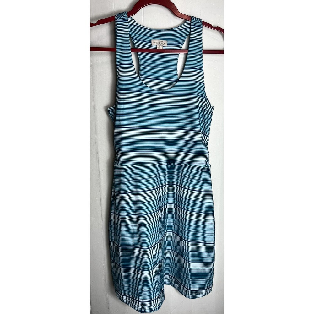 TEHAMA Aqua Blue Striped Stretchy Summer Dress Womens Small Athleisure